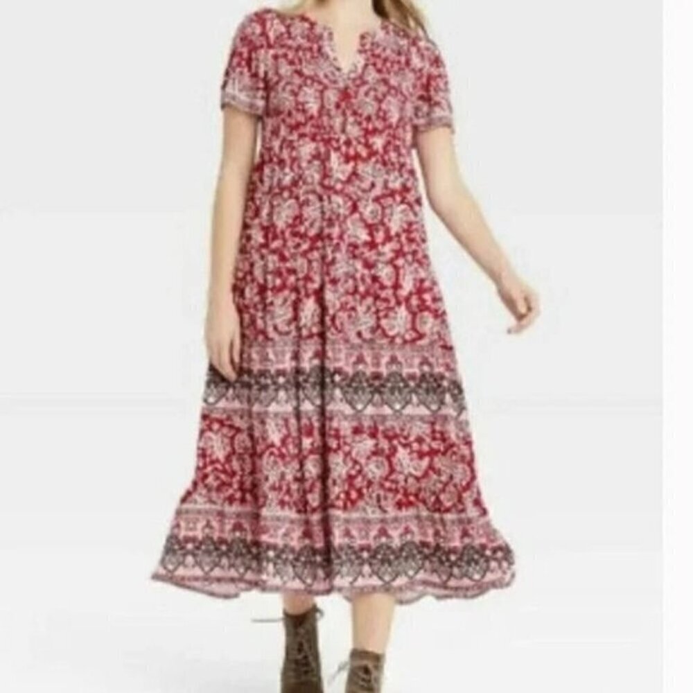 Knox Rose Women's Size Small Maxi Dress Crimson Red Floral Paisley Buttons Smock